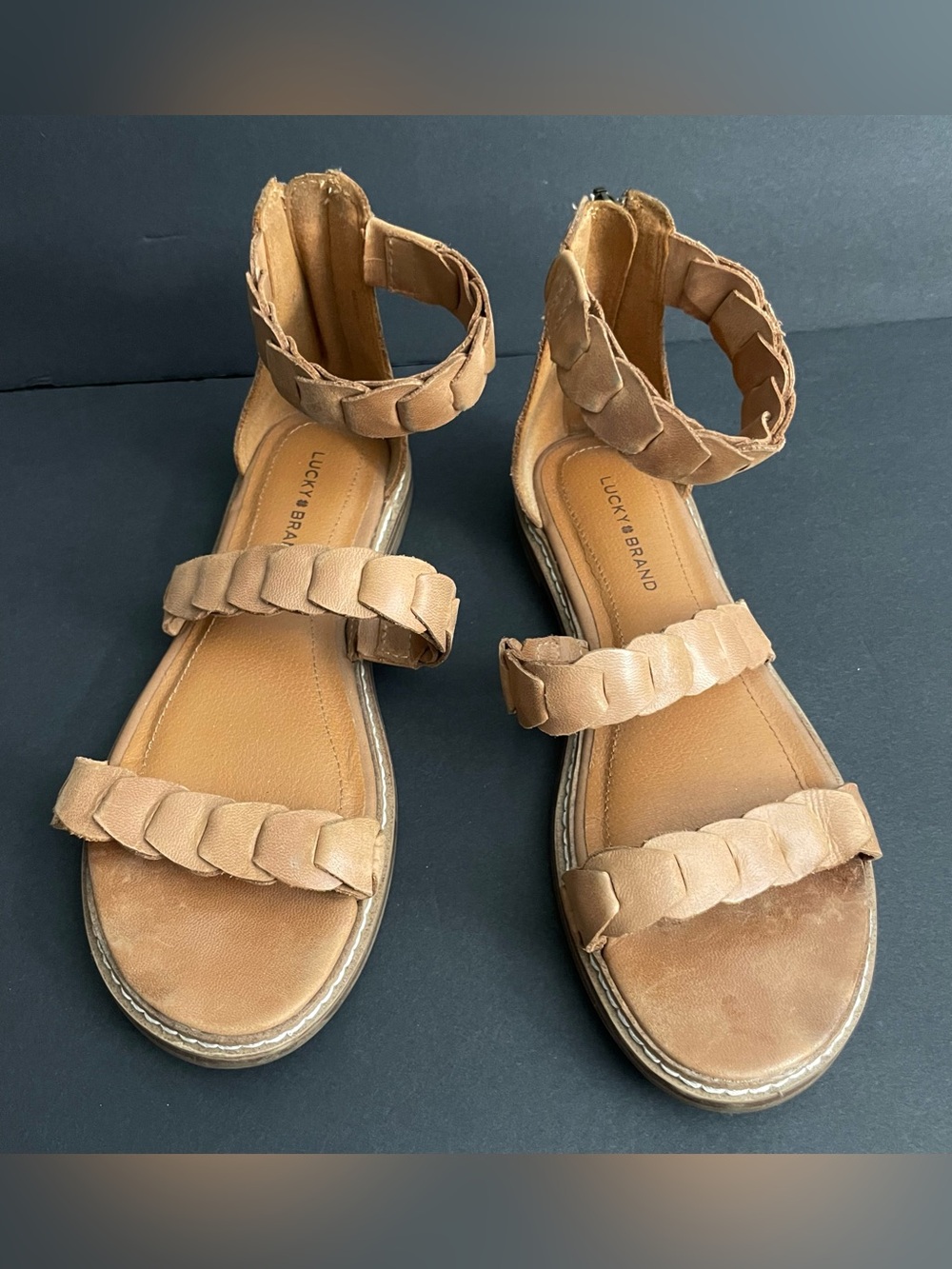 Lucky Brand ~ Braided Tan Ankle-Strap Leather Sandals - 7